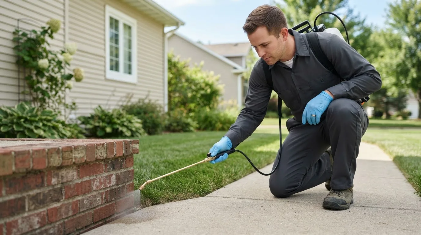 Pest control technician treating a home near Lakeside Marblehead, OH
